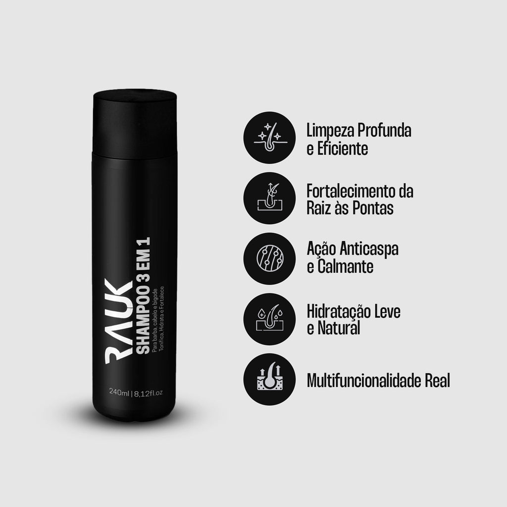 Shampoo 3x1 para Barba, Cabelo e Bigode Rauk - 240ml