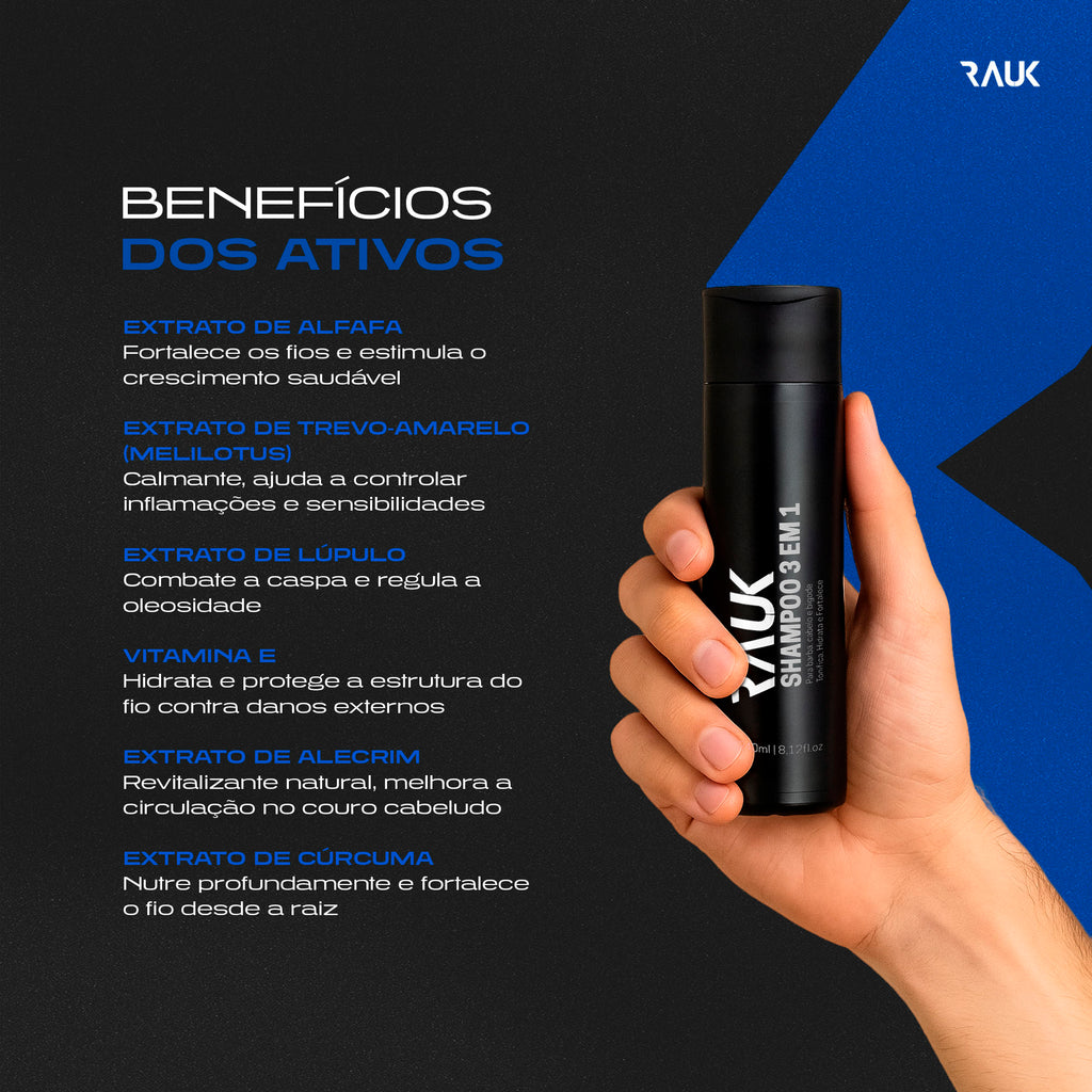 Shampoo 3x1 para Barba, Cabelo e Bigode Rauk - 240ml