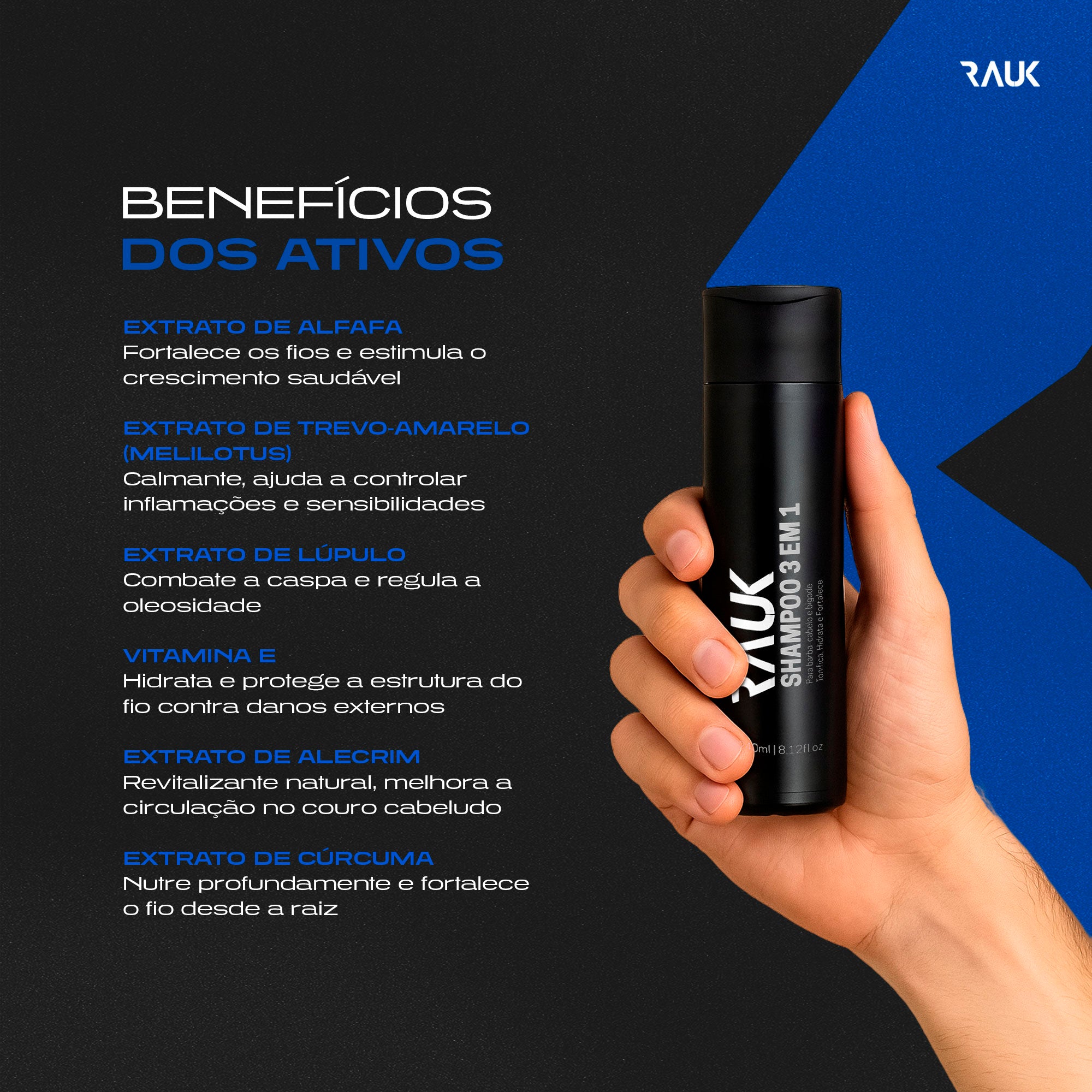 Shampoo 3x1 para Barba, Cabelo e Bigode Rauk - 240ml